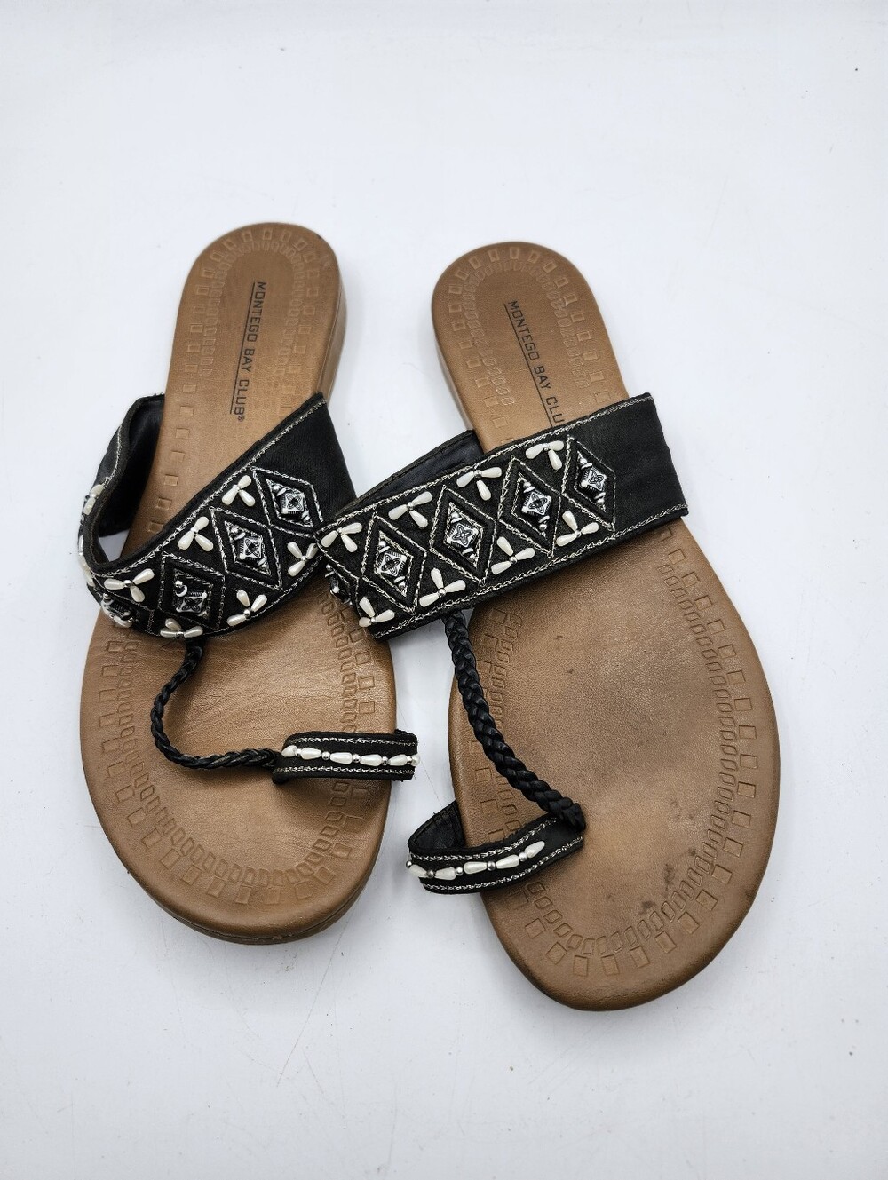 Montego Bay Club Black Braided Toe-Loop Sandals with White Bead Accents